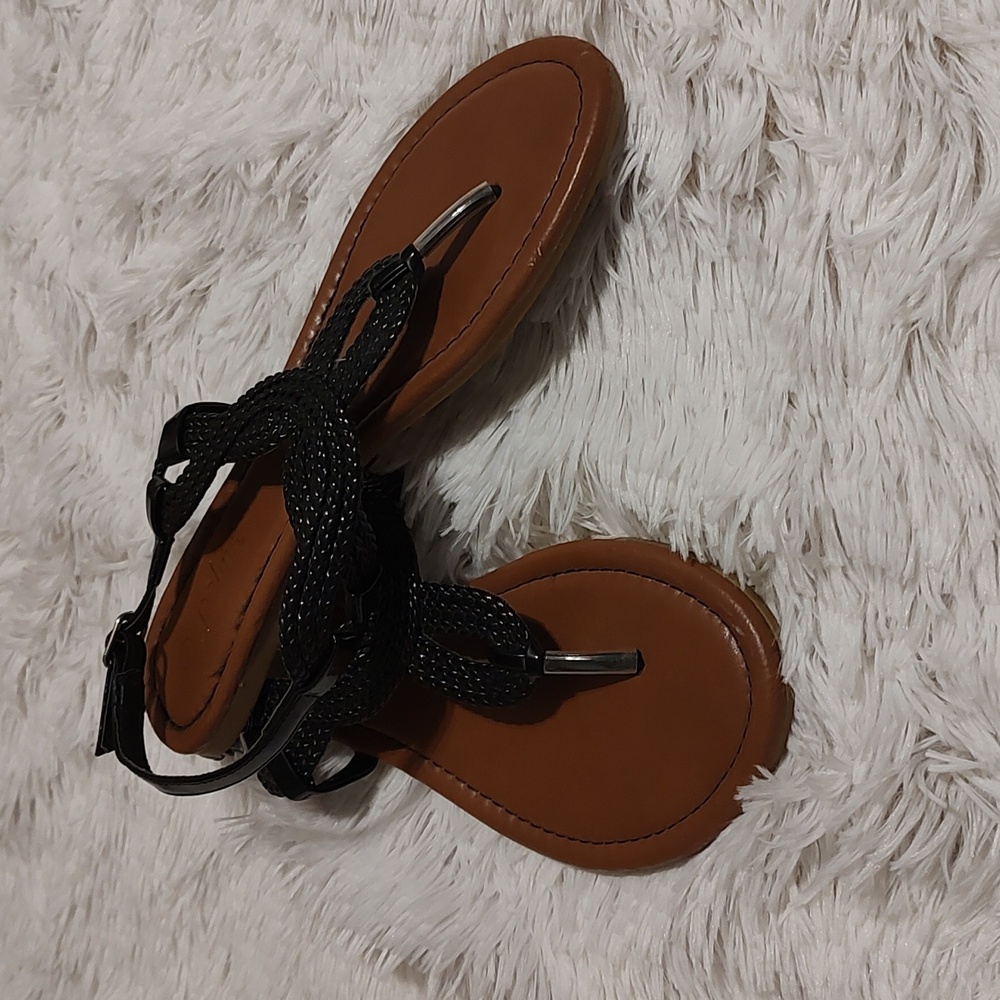 Palms Cute Faux Patent Basketweave Style T-Strap Sandals Black Buckle Boho 10